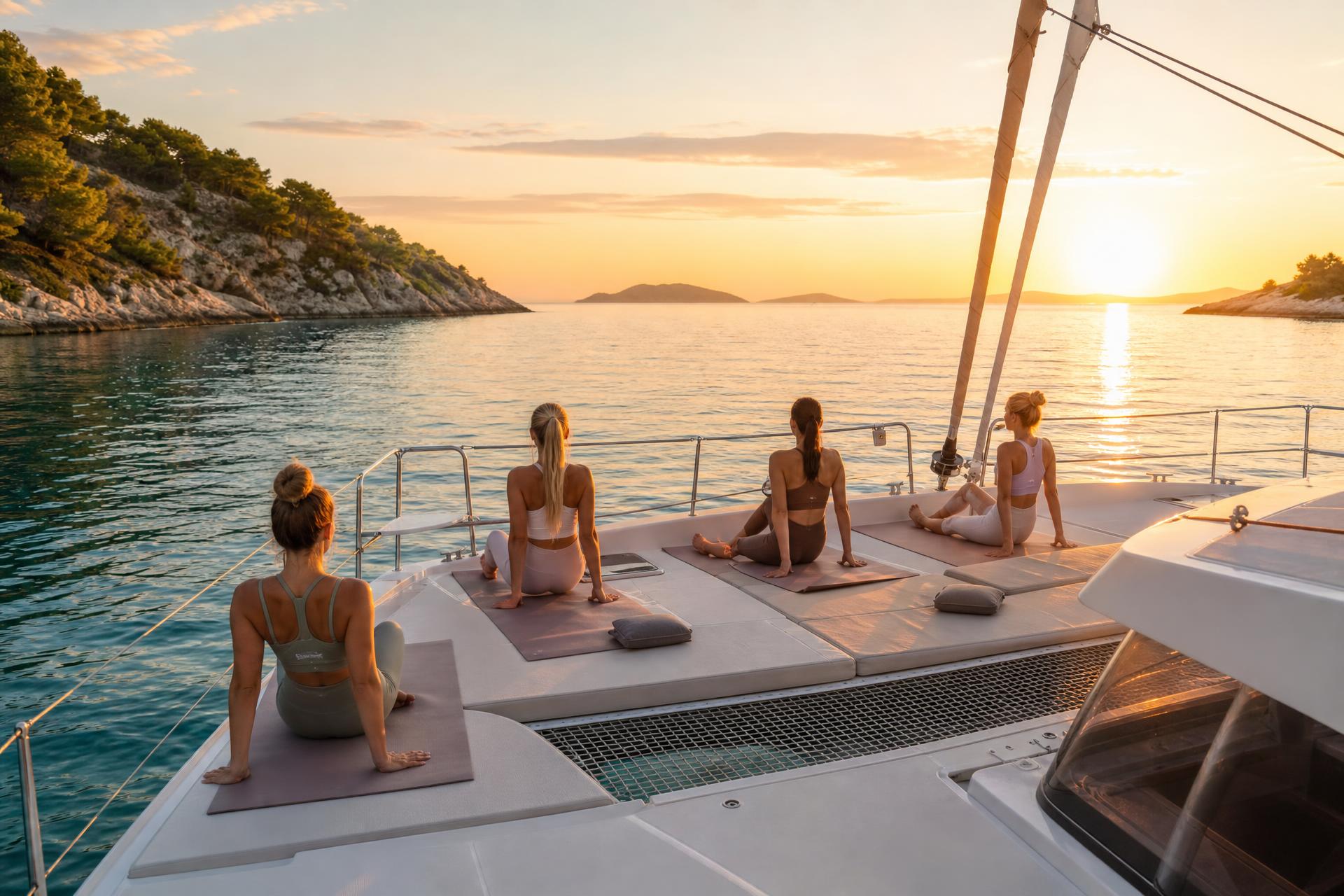 Women practicing Pilates on the foredeck of a catamaran at sunrise along the Croatian coast